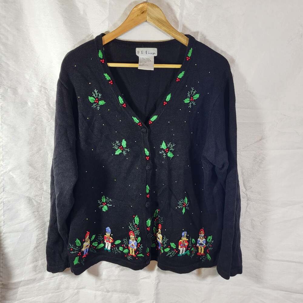Vintage B.P. Design Embroidered Nutcracker Beaded Ugly Christmas Sweater Cardiga